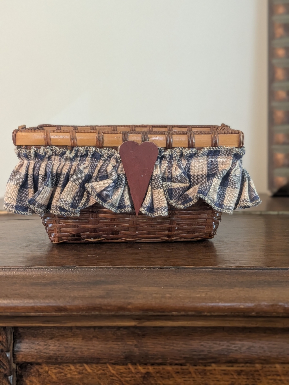 Country Woven Wicker Basket Blue Plaid Fabric Ruffle Wooden Heart
